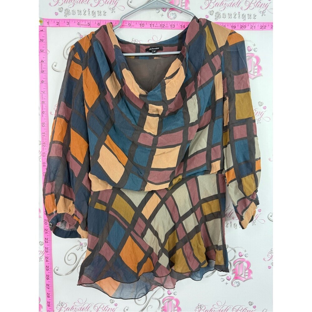 Claudia strater silk cowl Neck Geometric Plaid Blouse - Multicolor